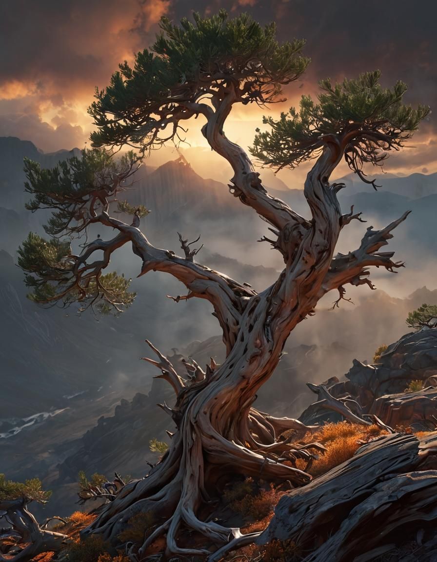 Gnarled Juniper Bends on Mountain Peak in Fantasy Landscape