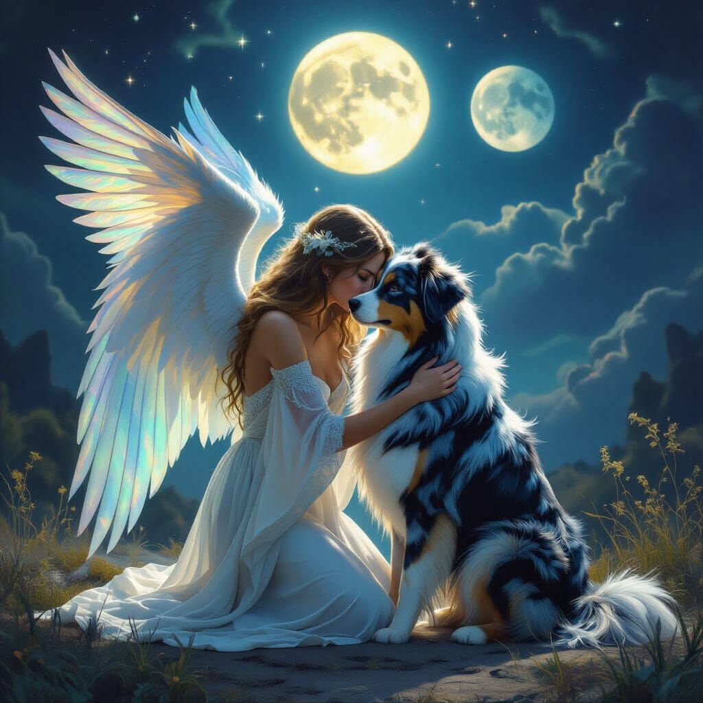Angel Embraces Tail-less Shepherd Under Three Moons