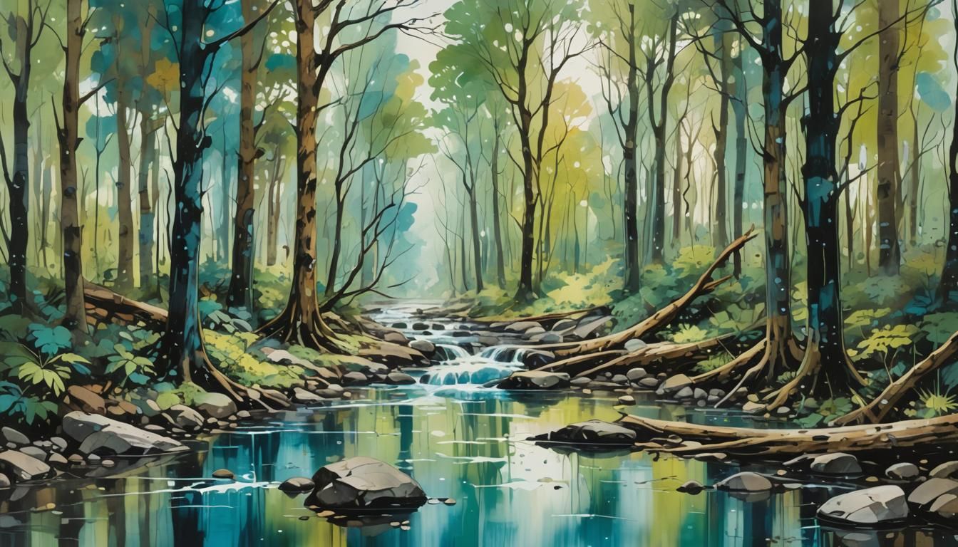 Abstract Expressionist Forest Stream in Panoramic View