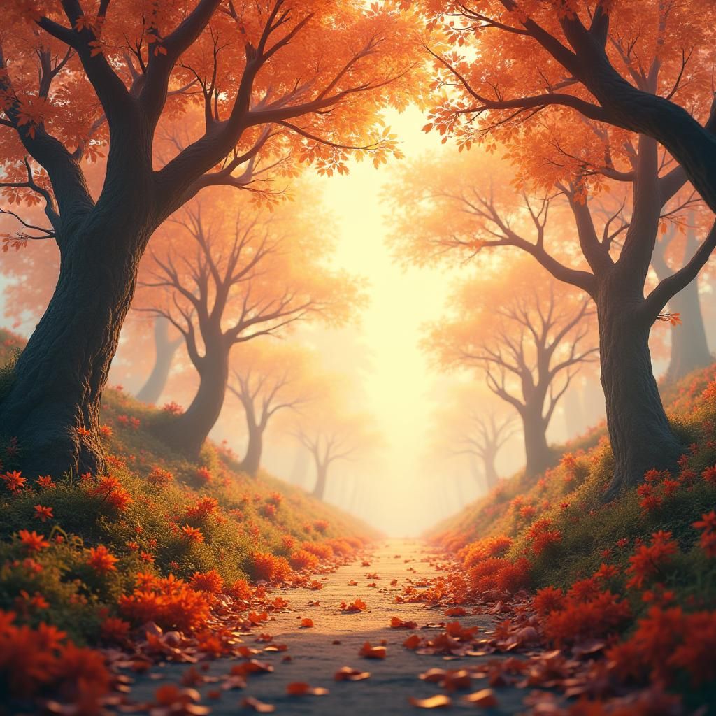 Pastel Autumn Landscape with Falling Leaves