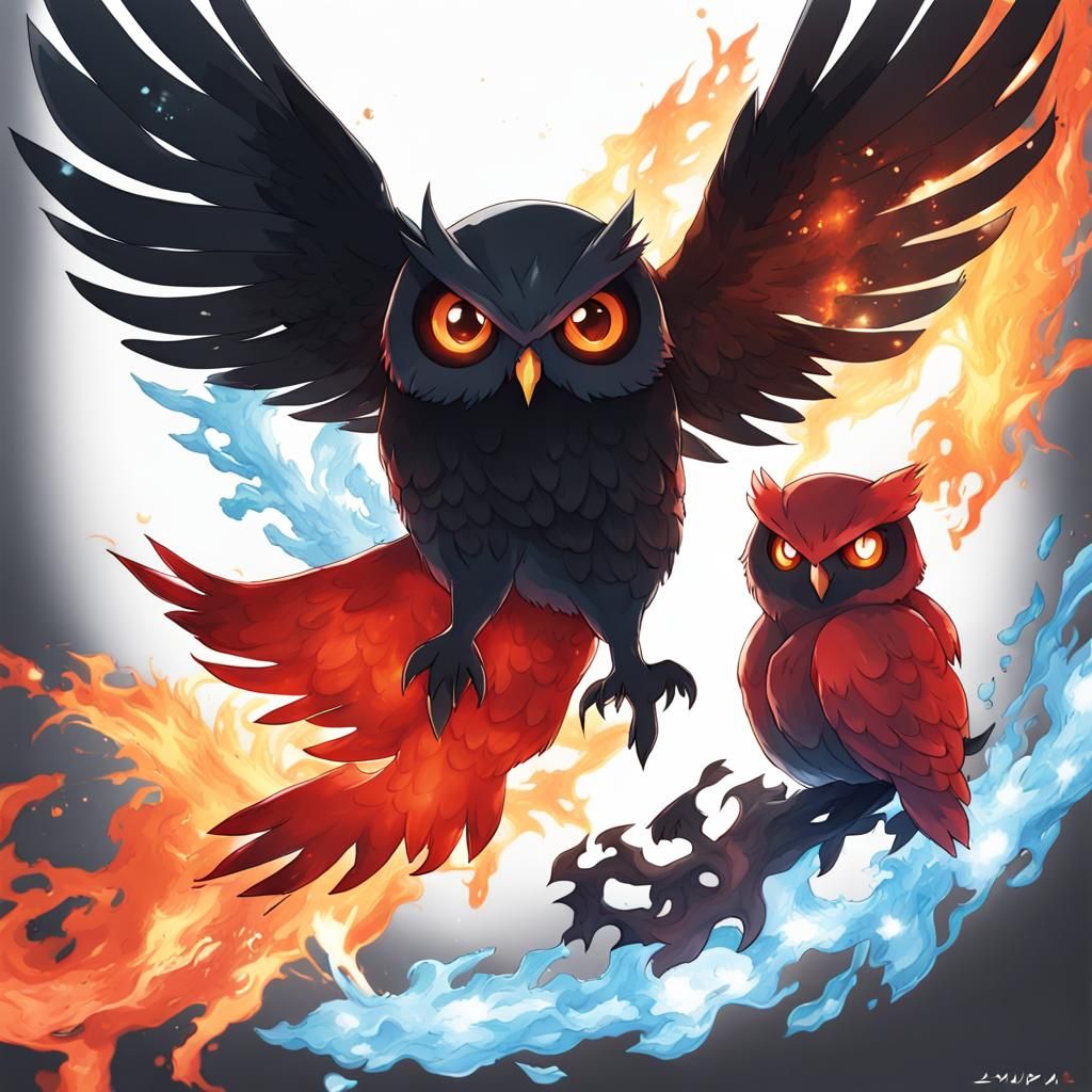 Fiery Icy Owl Pokémon in Anime Style