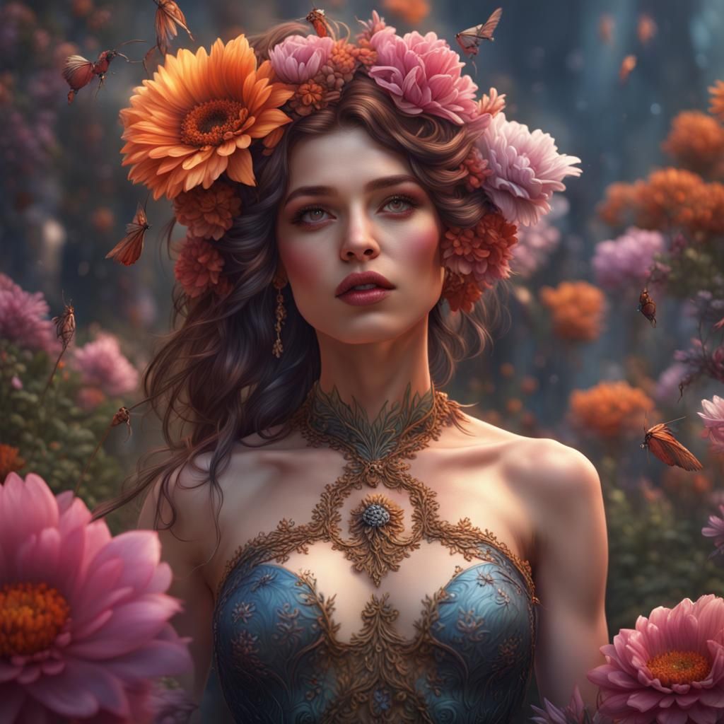 Beautiful Woman Surrounded by Flowers in Detailed Matte Pain...