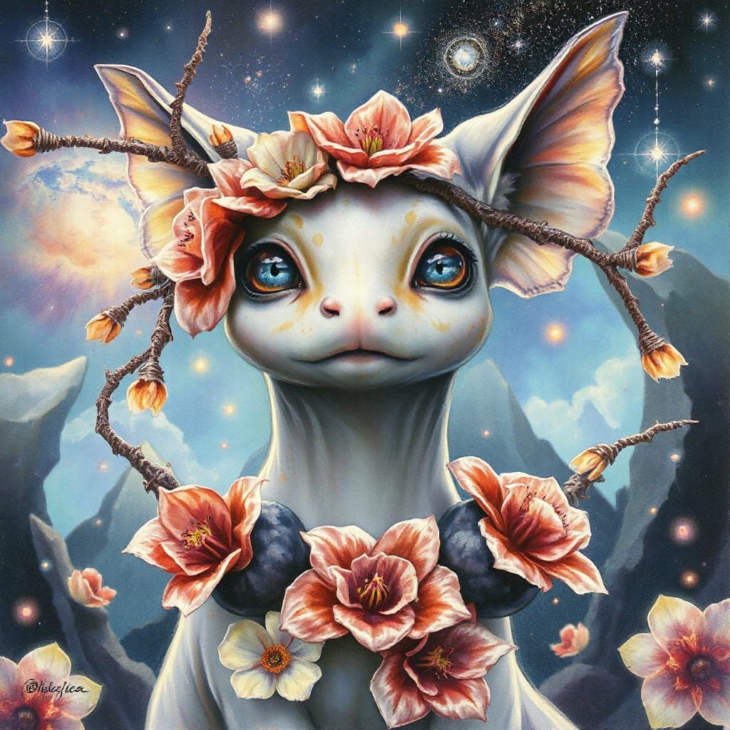 Mystical Creature Amidst Cosmic Flowers in Surreal Watercolo...