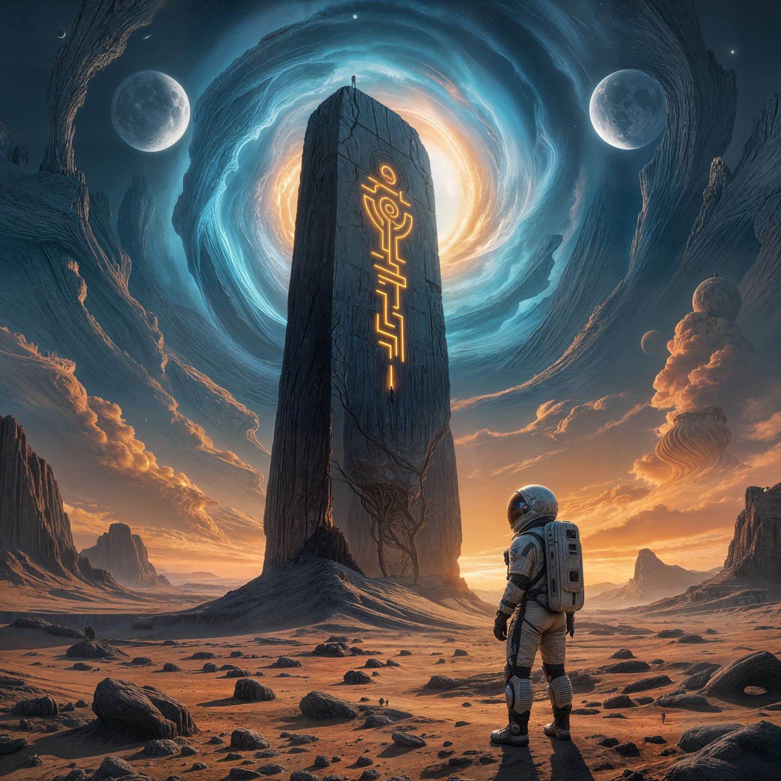 Astronaut and Monolith on Alien Planet in Digital Art Style