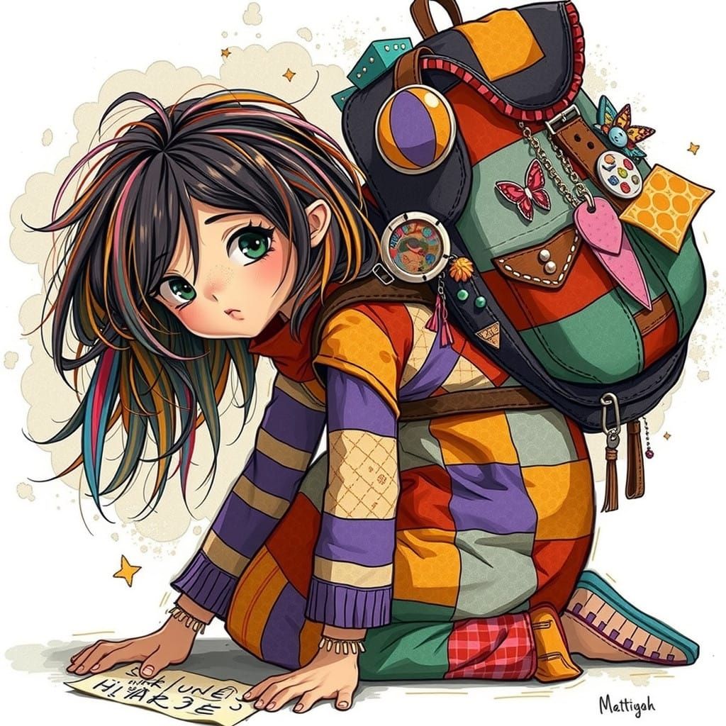 Vibrant Girl with Kaleidoscope Hair and Backpack