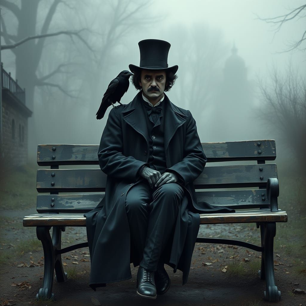 Edgar Allan Poe in Gloomy Park, Hyperrealism Style