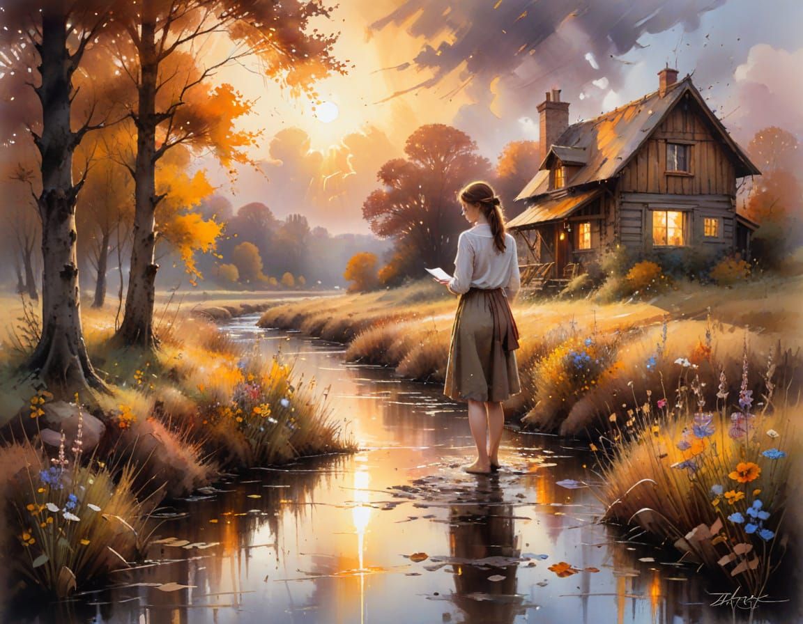 Artist Capturing Autumn Colors by Stream in Golden Light