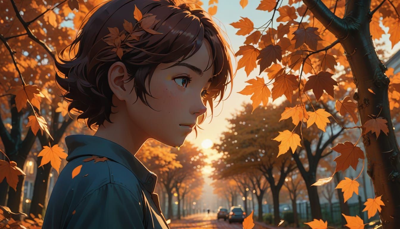 Surreal Anime Scene of Person in Autumn Leaves