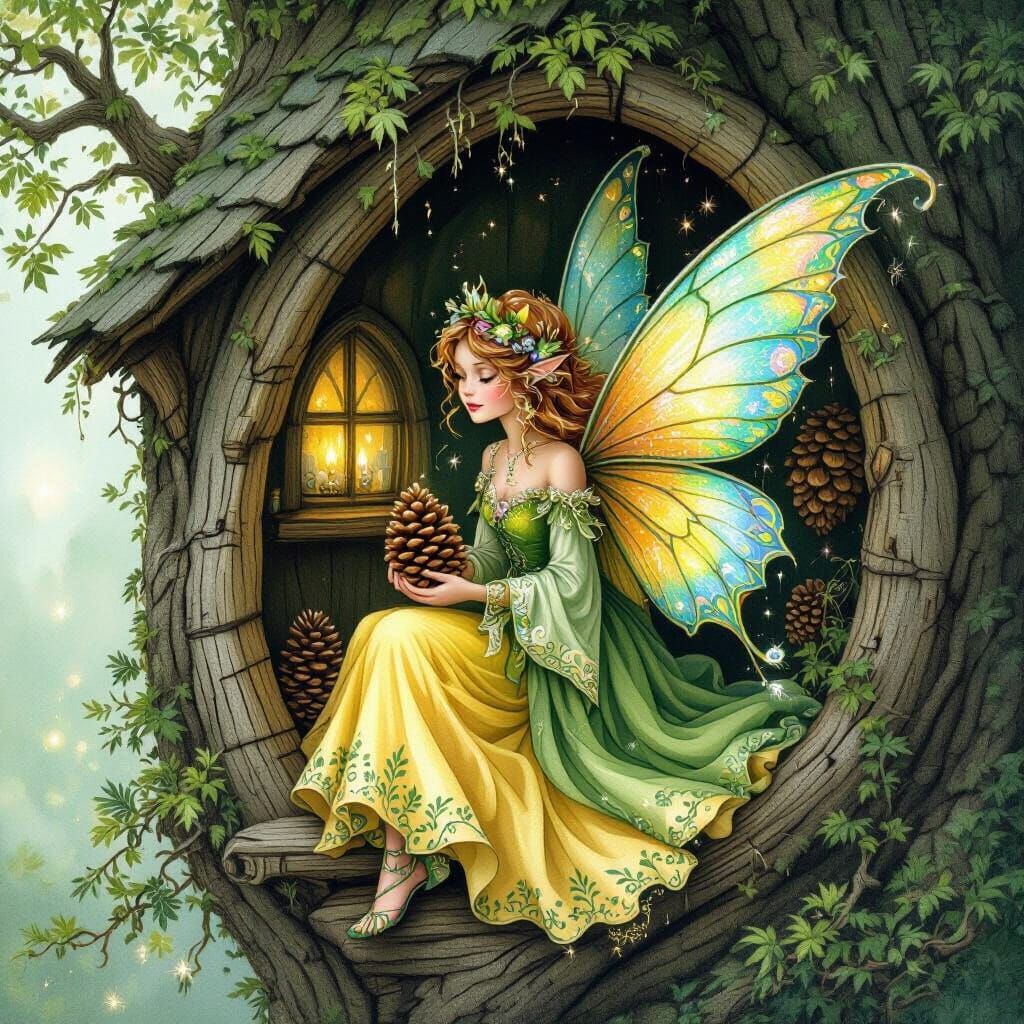 Fairy with Pine Cone in Cozy Tree House