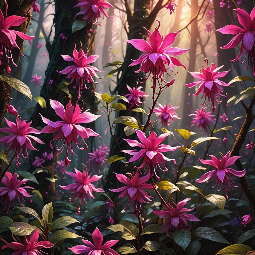 Mystical Fuchsia Flowers in Vibrant Oil Painting Style