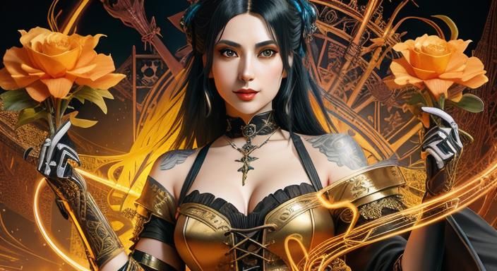 Gothic Woman with Sword and Neon Tattoos