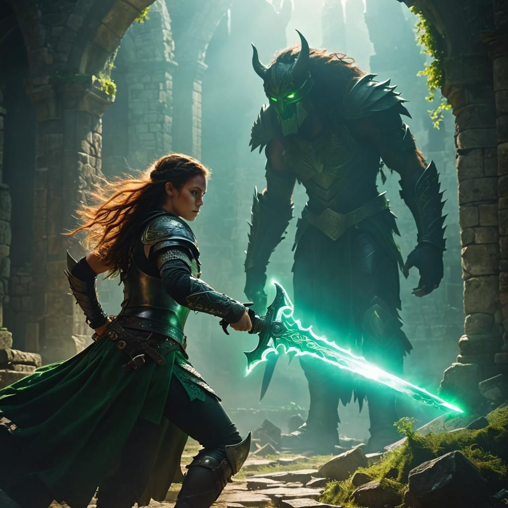 Celtic Warrior Battles Shadow Demon in Castle Ruins