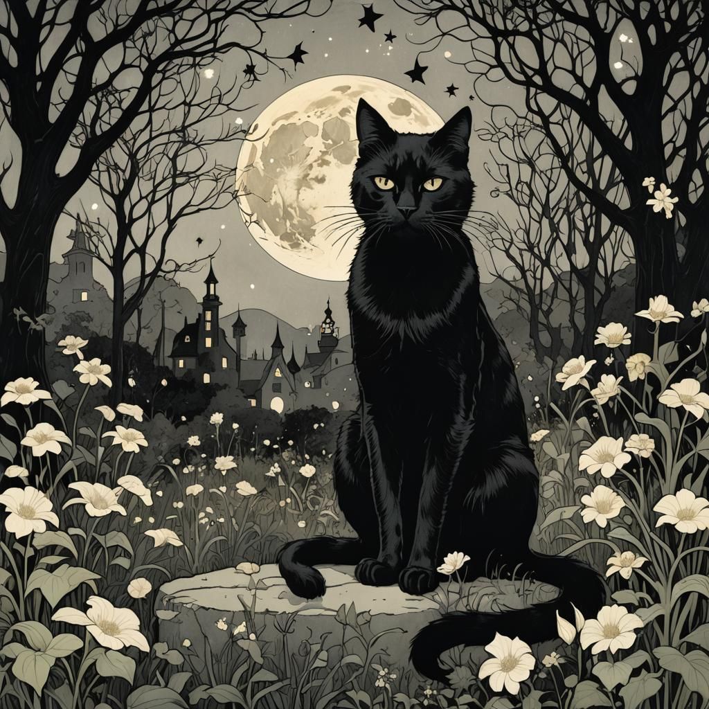 Art Nouveau Black Cat Under Moonlight