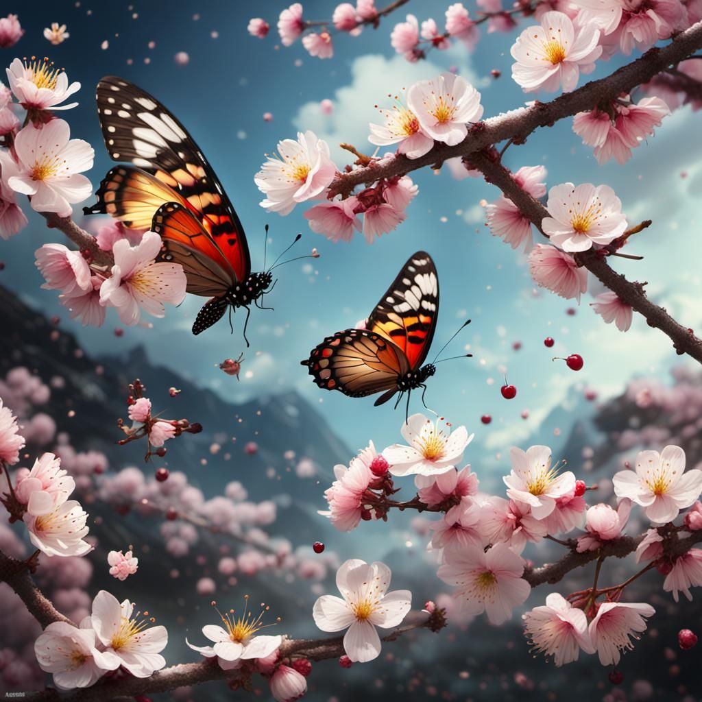 Butterfly on Cherry Branch: Digital Matte Painting