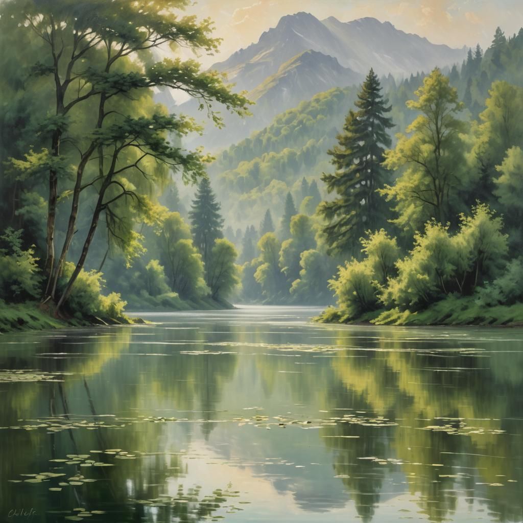 Monochromatic Impressionist Lake Landscape in Oil