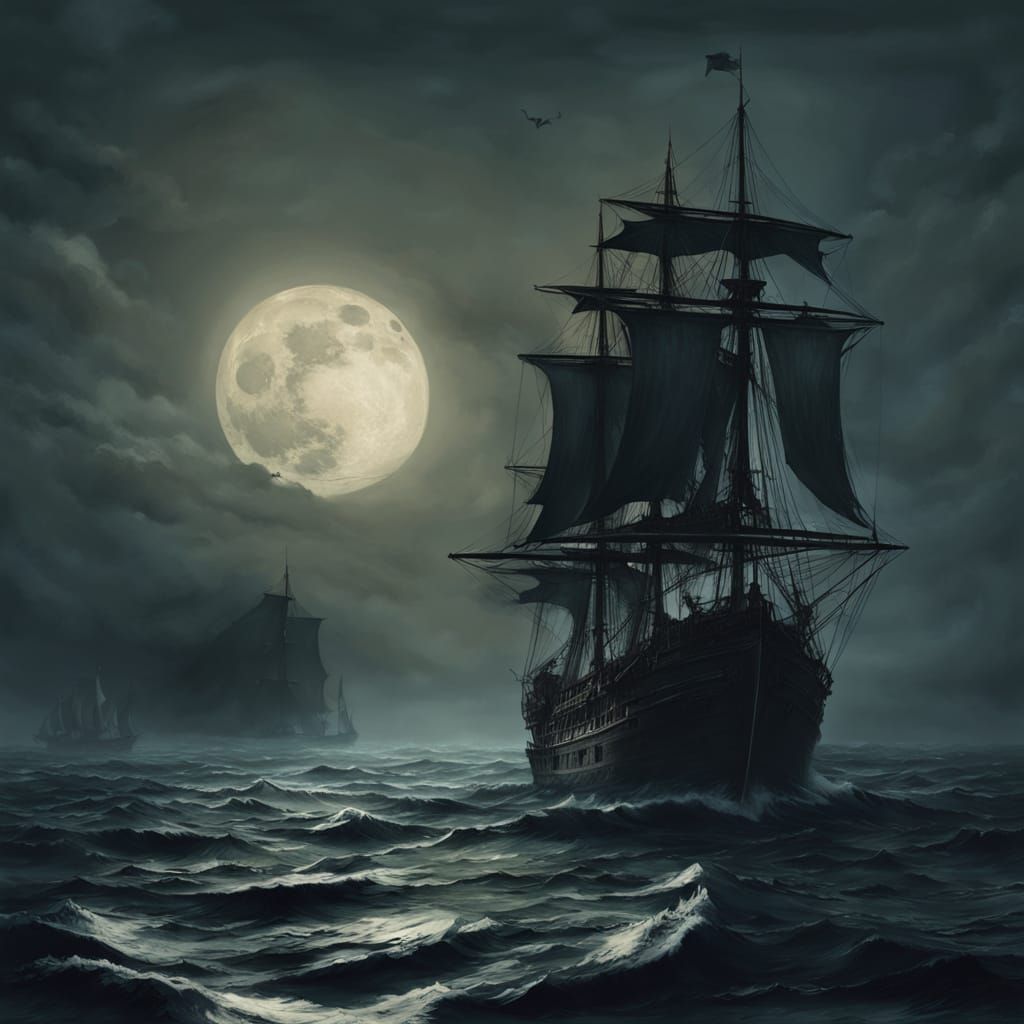 Ghostly Ship on Turbulent Sea in Gothic Art Style