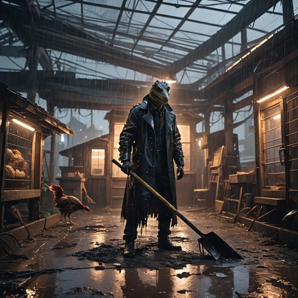 Alligator Cleans Chicken House in Cyberpunk Dystopia