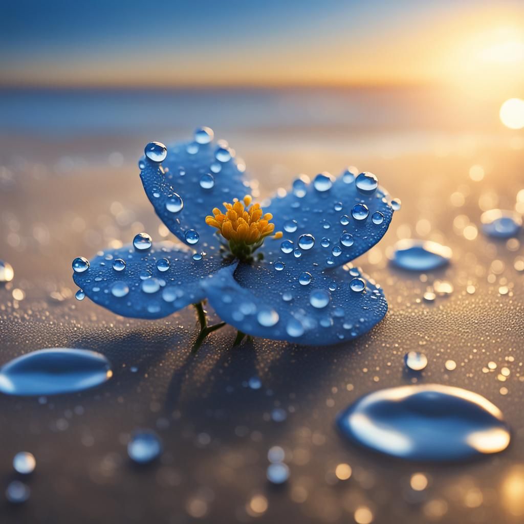 Blue Dewdrop Flower at Tranquil Sunset: Splash Art