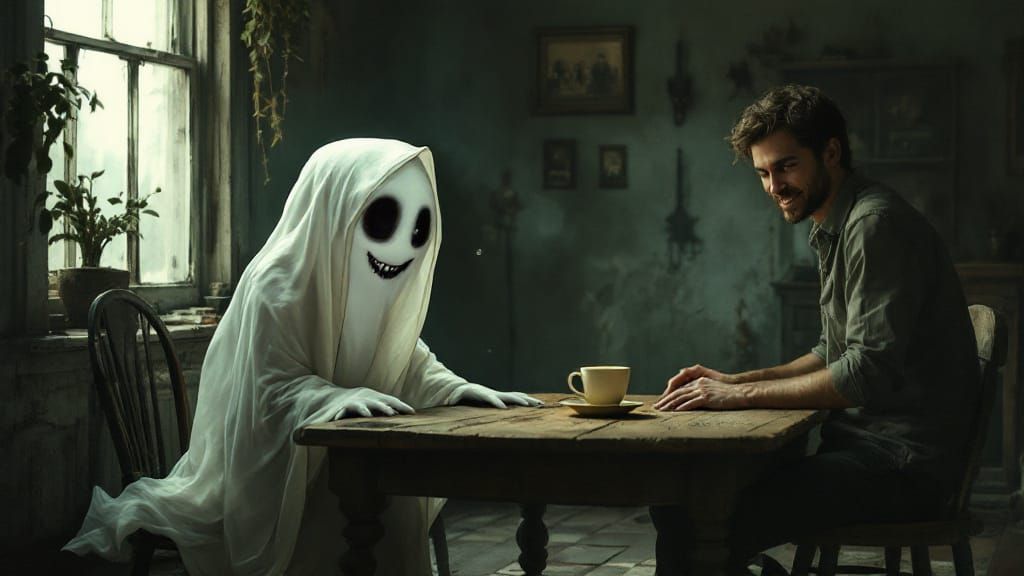 Playful Ghost Prank in Rustic Room
