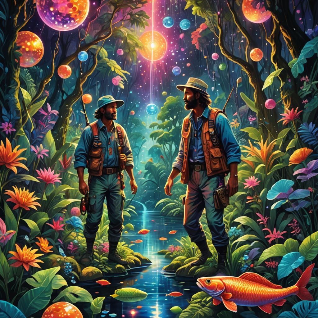 Cosmic Jungle Hunter and Fisherman in Pablo Amaringo Style