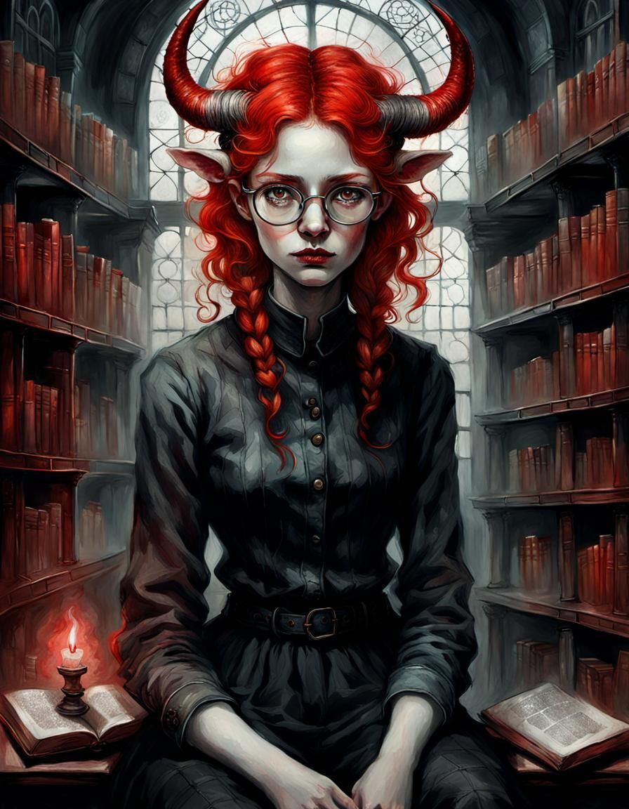 Ginger Woman in Prison Library: Charcoal Painting