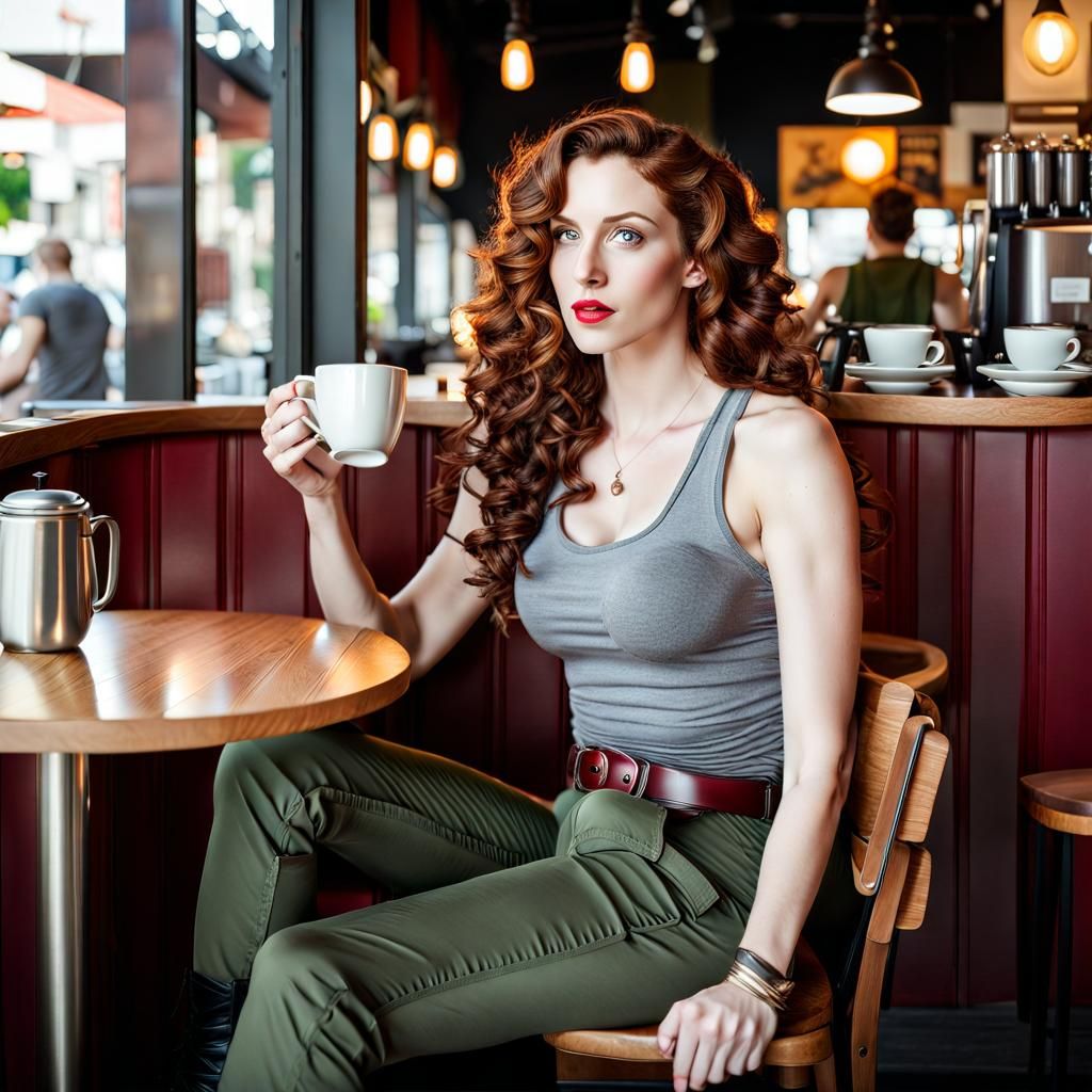 Woman with Auburn Hair in Cafe, Realism