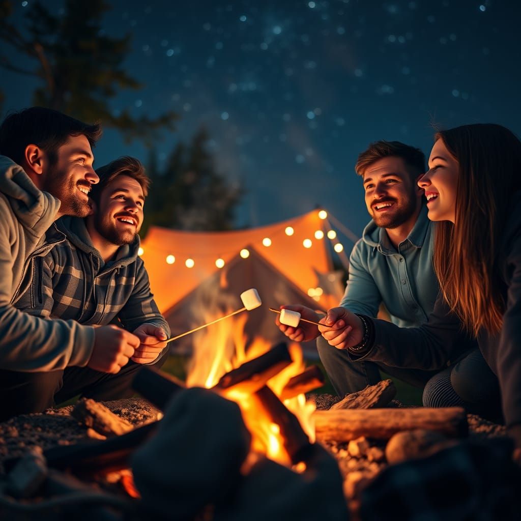 Friends Gather Around a Starry Night Campfire