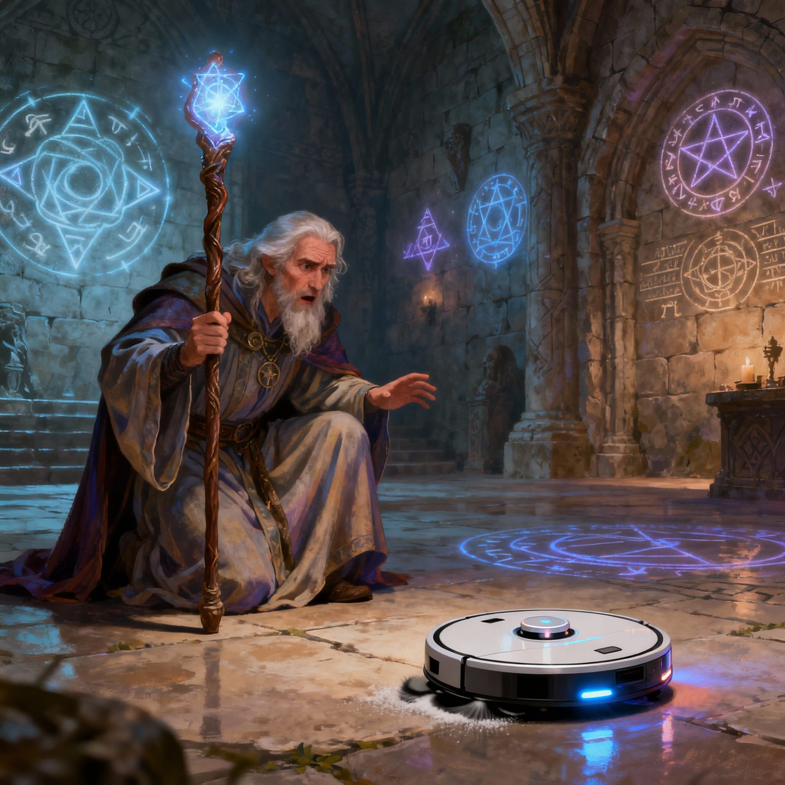 Wizard Amazed by Roomba in Ancient Hall