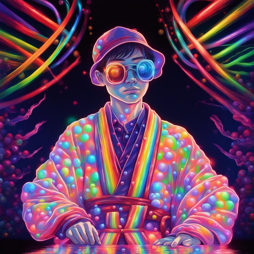 Rainbow Neon Otaku in Dark Hologram, Vibrant Illustration