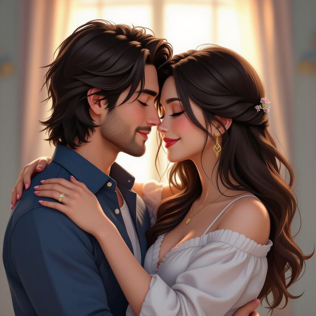 Loving Couple Snuggling in Detailed 3D Anime Style