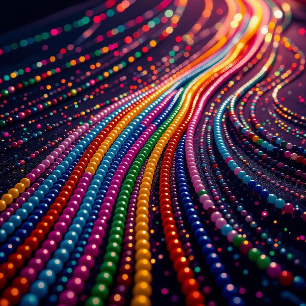 Vibrant Rainbow Beads in Cinematic Film Still