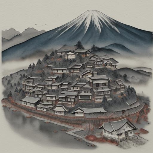 Serene Mountain Village in Sumi-e Style