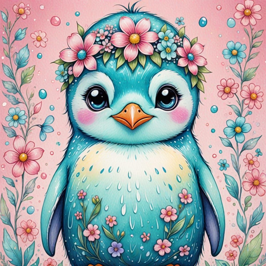Kawaii Turquoise Penguin with Flower, Anime Style