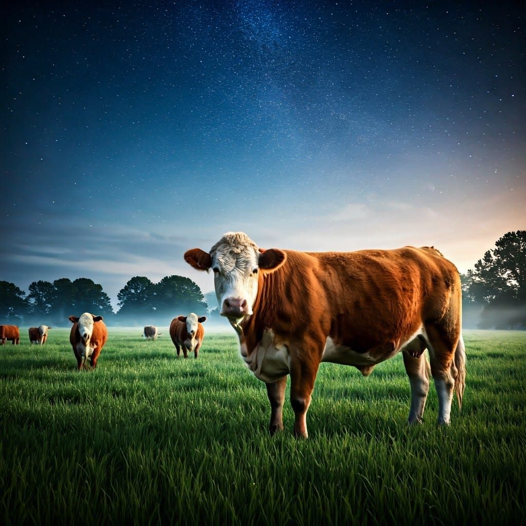 Cattle Herd Grazing Under Starry Sky, Hyperrealistic