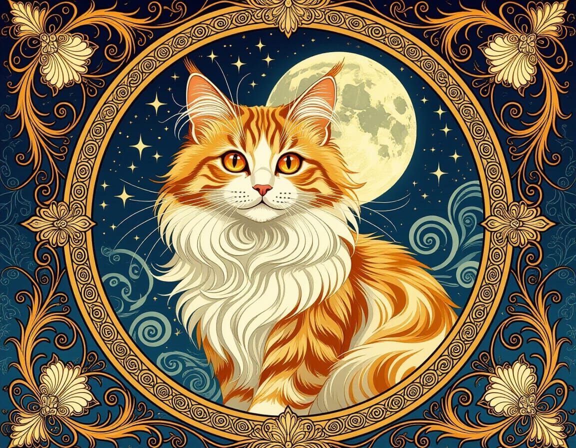 Art Nouveau Cat Illustration with Ornate Floral Frame