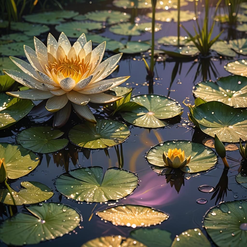 Golden Water Lily in Setting Sun: Dark Fantasy Art