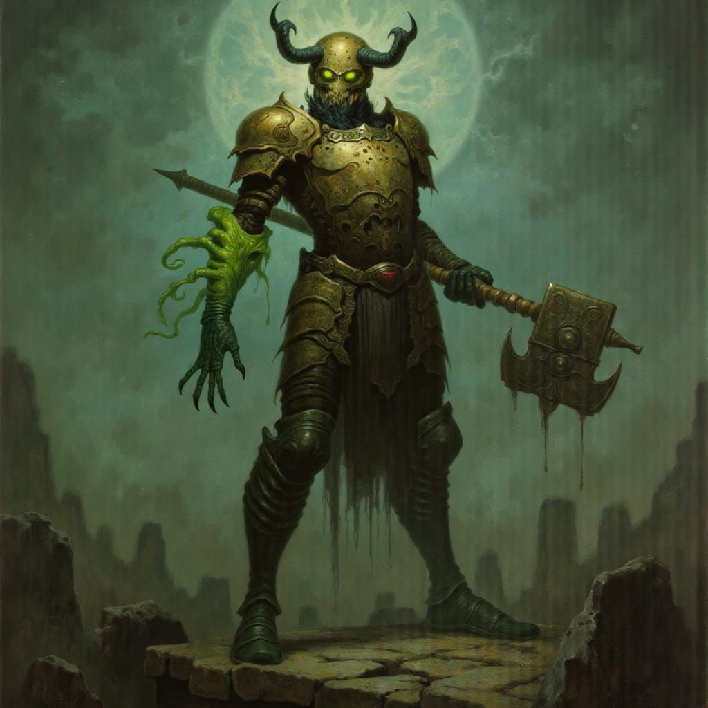 Dark Fantasy Warforged Cleric in Haunting Biomechanical Land...