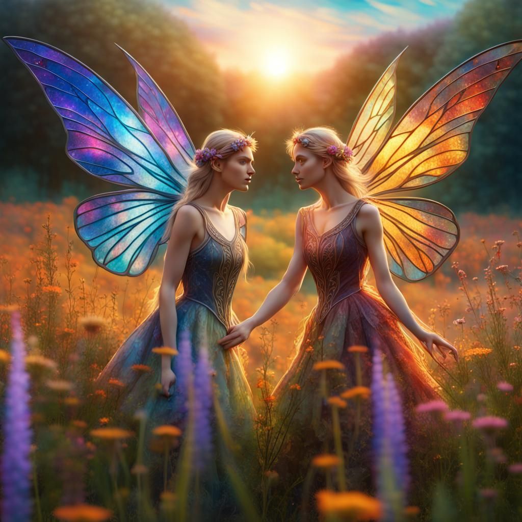 Fairies with Stained Glass Wings in Wildflower Field