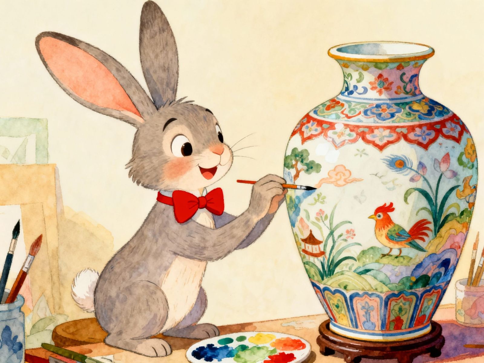 Cheerful Rabbit Artist Painting Whimsical Vase