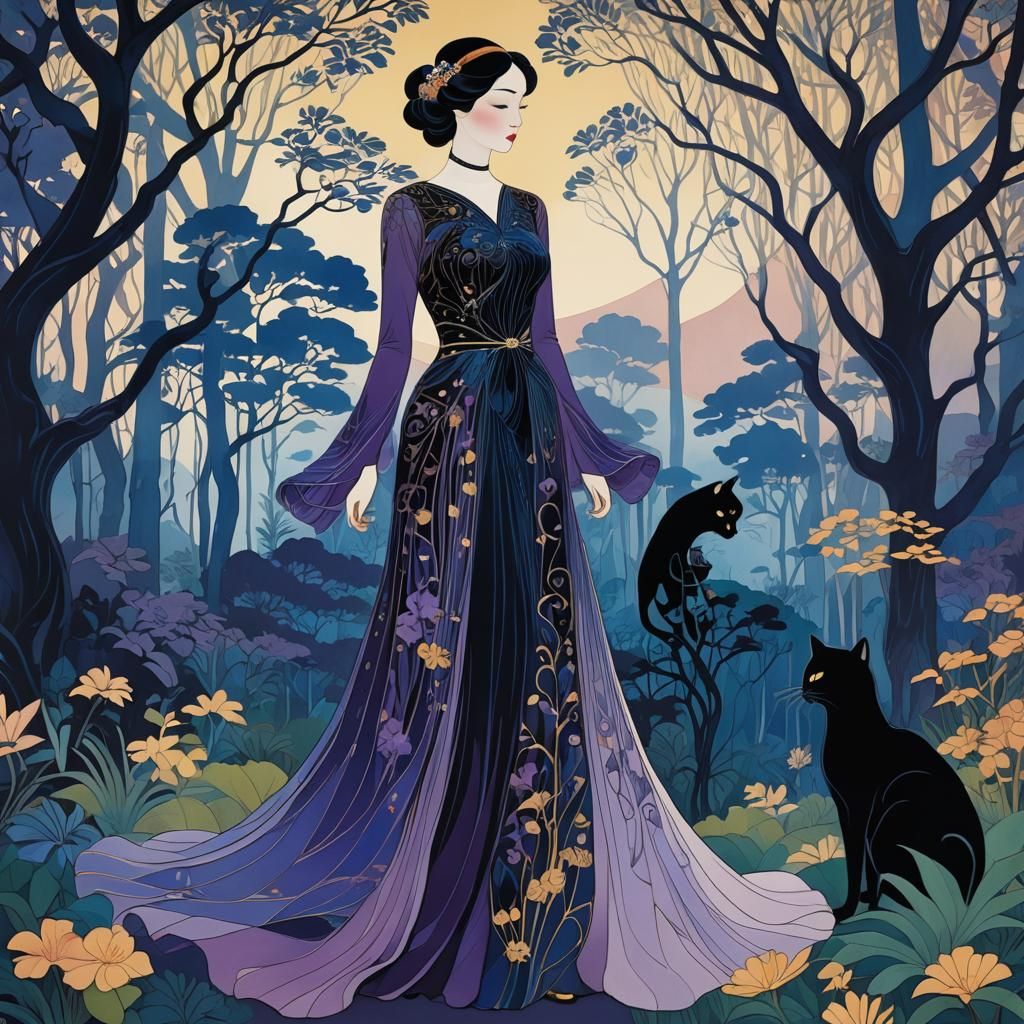 Elegant Lady with Cat in Art Nouveau Style
