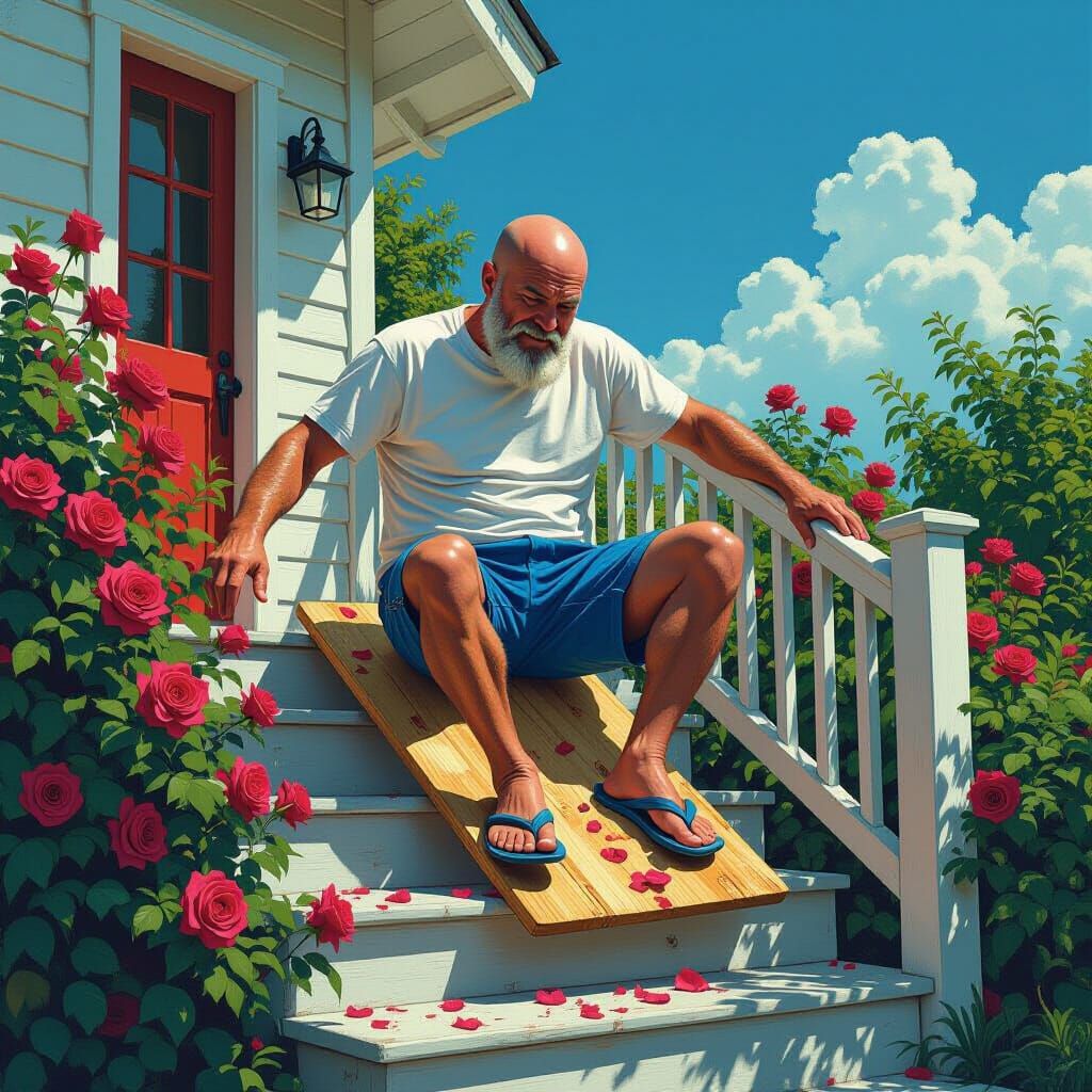 Elderly Man's Cottage Mishap: Matte Painting Style