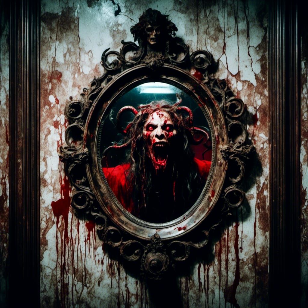 Macabre Mirror: Medusa's Red-Eyed Scream