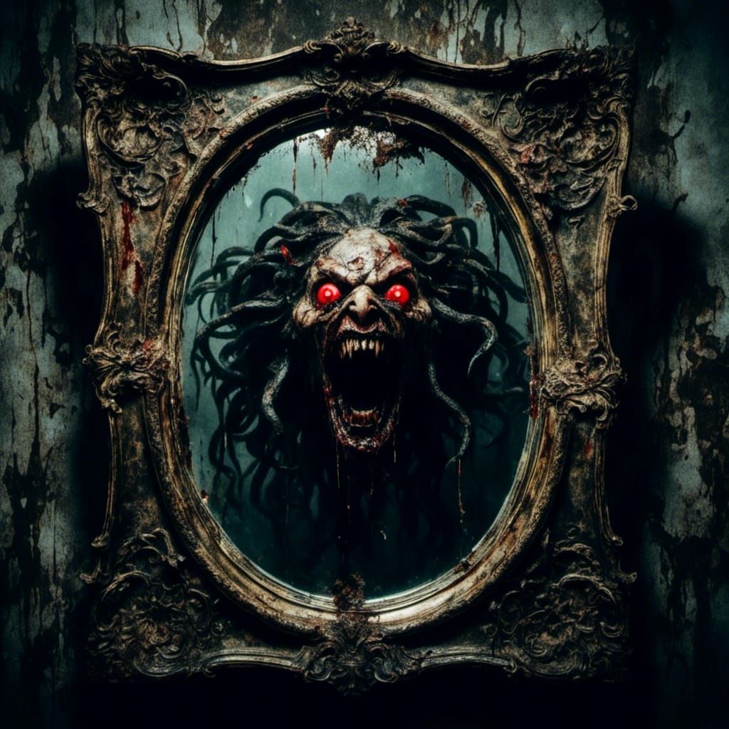 Medusa's Macabre Reflection in Antique Mirror