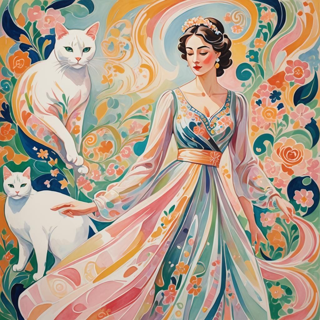 Elegant Lady with White Cat in Art Nouveau Style