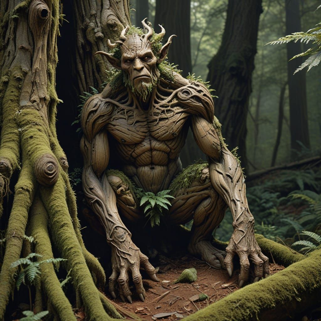 Mythical Wooden Creature Emerge from Ancient Tree Trunk