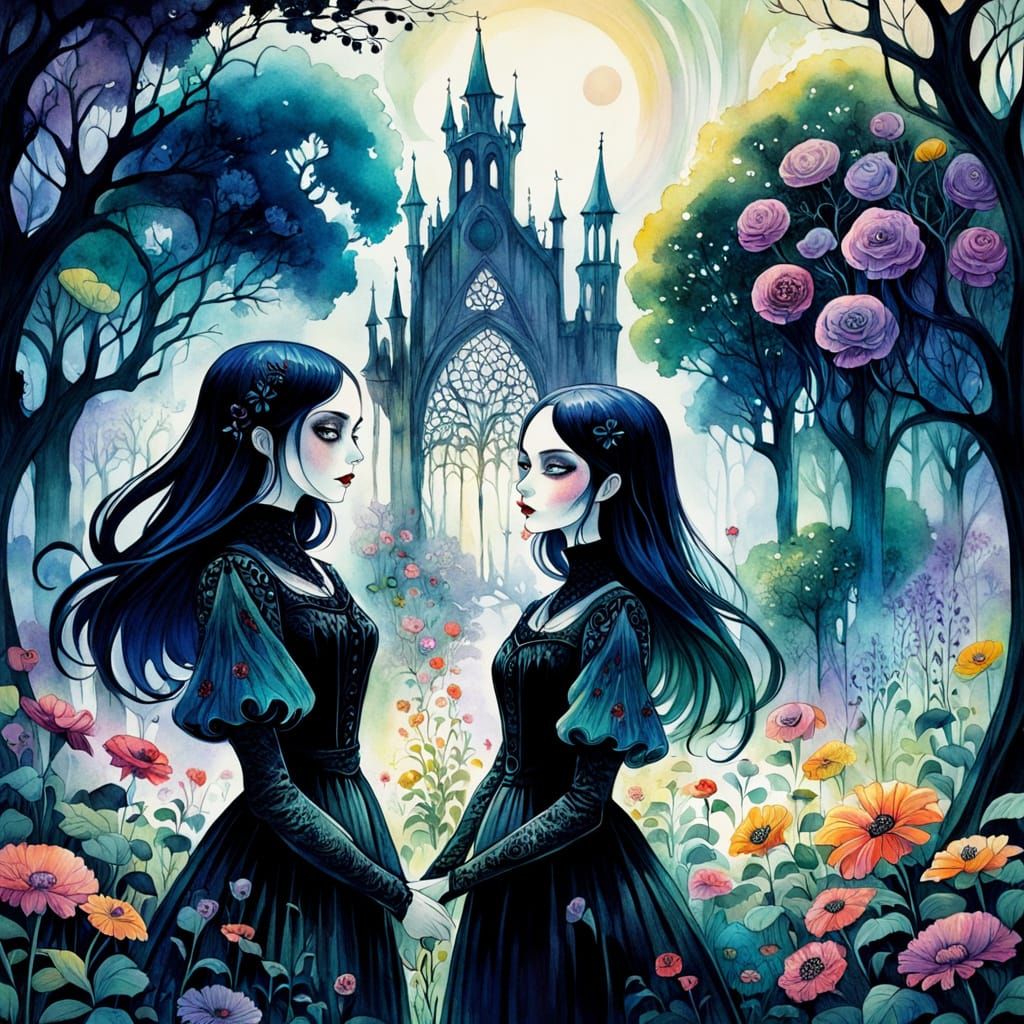 Gothic Girls in a Whimsical Watercolor Garden