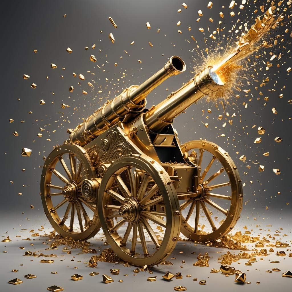 Gold Cannon Shooting Diamonds: Hyperrealistic Concept Art