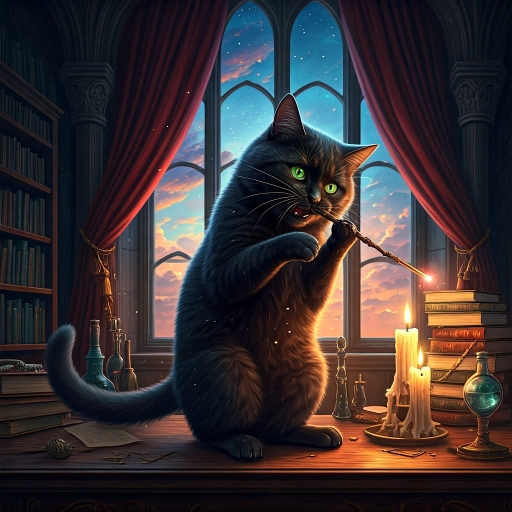 Black Cat Biting Wand in Magical Castle