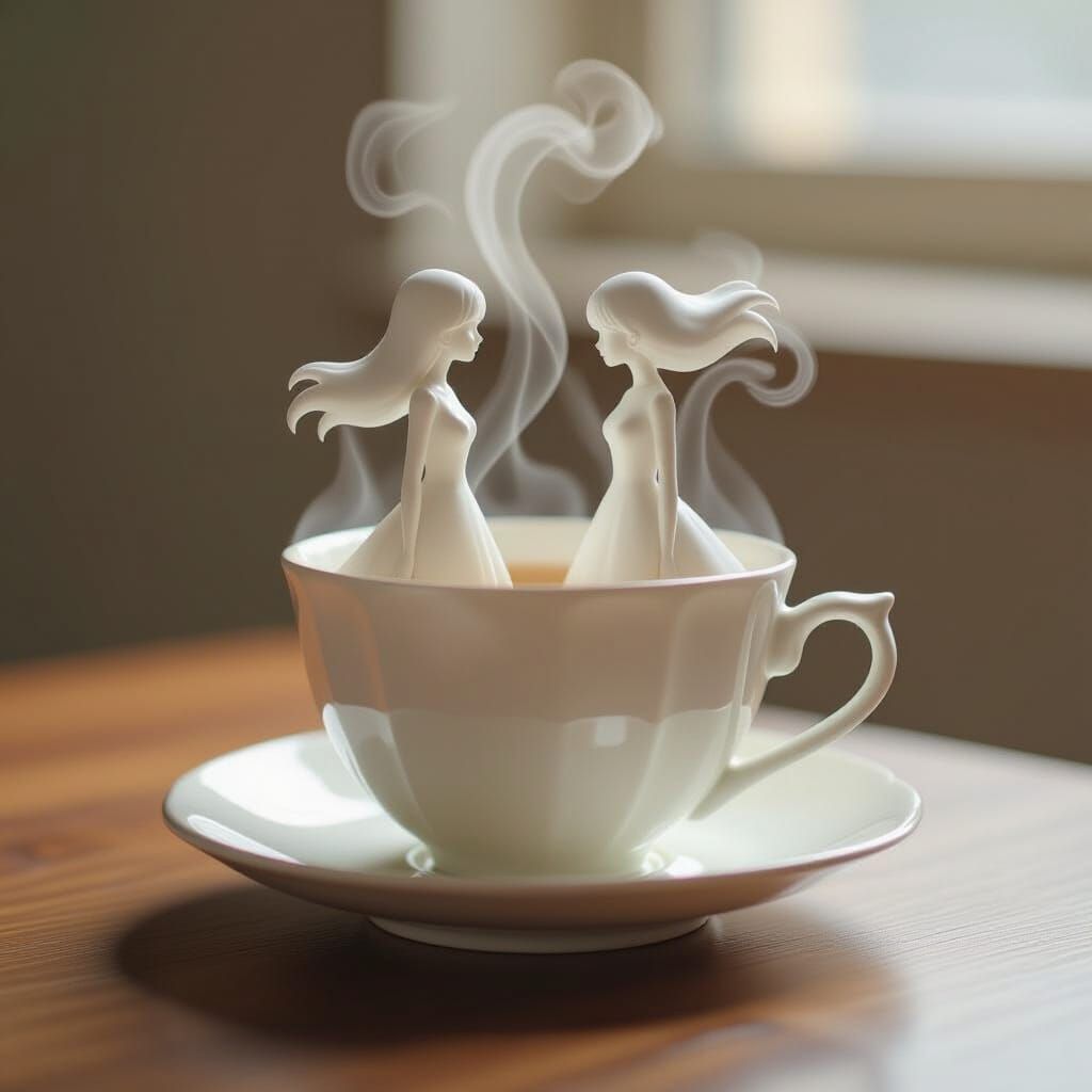 Ethereal Figures Formed from Steam Above Teacup