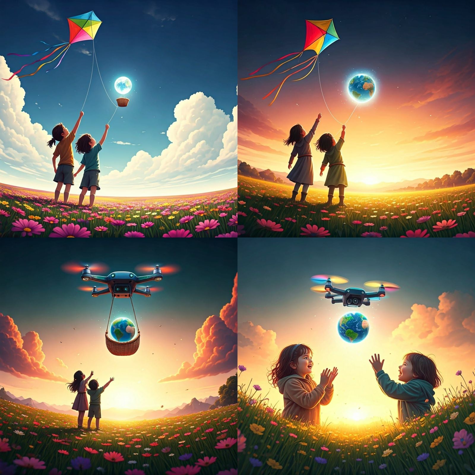 Joyful Children Soar with Colorful Kite in Vibrant Spring Fi...